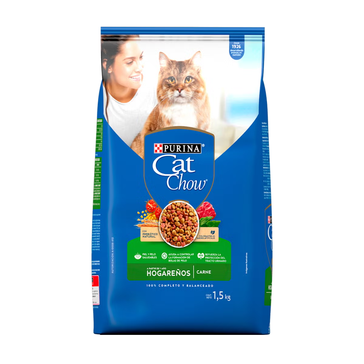 Imagen de bolsa de Cat Chow Hogareños Carne, Frente